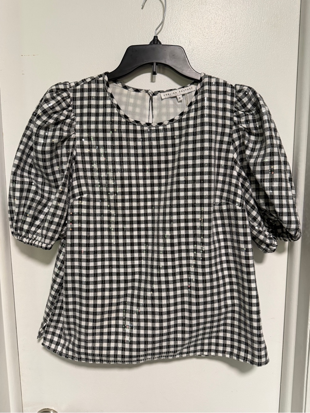 English factory sequin Black & White Gingham Puff Sleeve Top